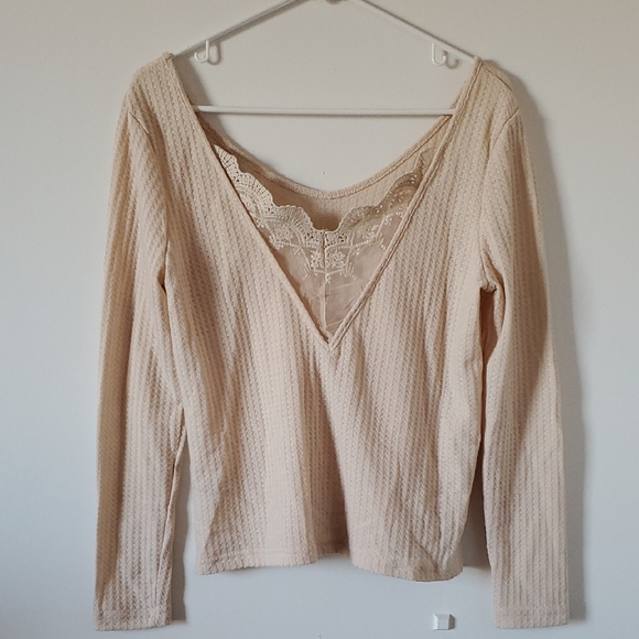 SHEIN Lace Waffle Knit Tee Cream Colored Long Sleeve Shirt Women's Size Small - Picture 5 of 7